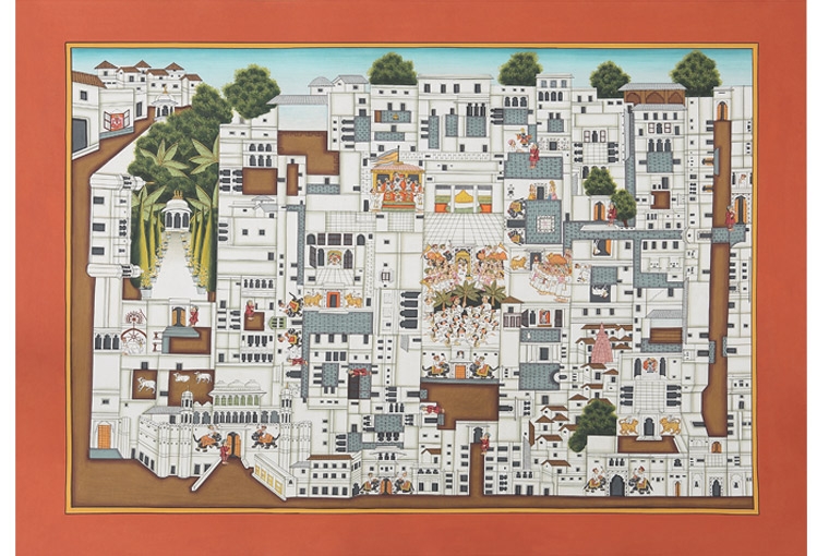 Jagdip Jagpal Various Artists, The Haveli of Shrinathji, 2016, Stone Colour on Basli, 21 X 27 inches (Pichvai Tradition and Beyond) Jagdip Jagpal Various Artists, The Haveli of Shrinathji, 2016, Stone Colour on Basli, 21 X 27 inches (Pichvai Tradition and Beyond)
