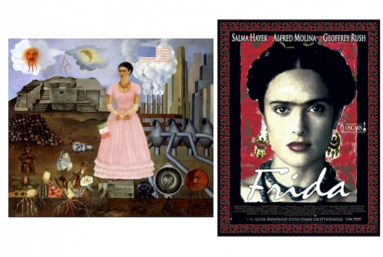 All Things Frida L:Frida Kahlo, Self-Portrait on the Borderline Between Mexico and the United States, 1932, Private Collection ; R: Frida, the film
