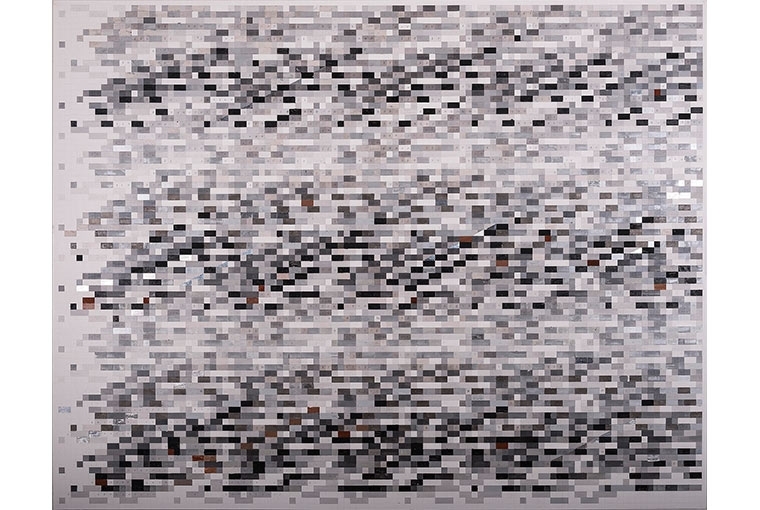 Tanya Goel TANYA GOEL, Carbon (x,y) II, 2017, coal, aluminium, concrete, mica and oil on canvas, 213 x 275 cm
