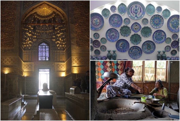 Everything is big in Uzbekistan Top R: Typical Uzbeki blue pottery on display at the Koron ceramics factory in Rishton.; Bottom R: Okhunova Inoyatkhon shows Anjali the gossamer-fine silk threads at the Yodgorlik Silk Factory