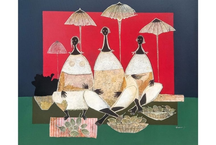 A Moment in Modernity Vegetable Sellers Mixed Media on canvas 36” x 48” 2024