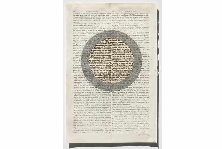 An Unquiet Mind Woman in Love Reclaimed text cutout collage and Incense burns 14x9 inc 2017