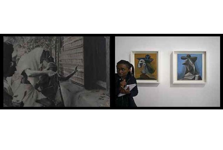 Art Basel Noakhali, November 1946 | Left panel: Oil on canvas | Right panel: Archival digital print on hahnemuehle bamboo paper, installed size: 51 x 152 cm