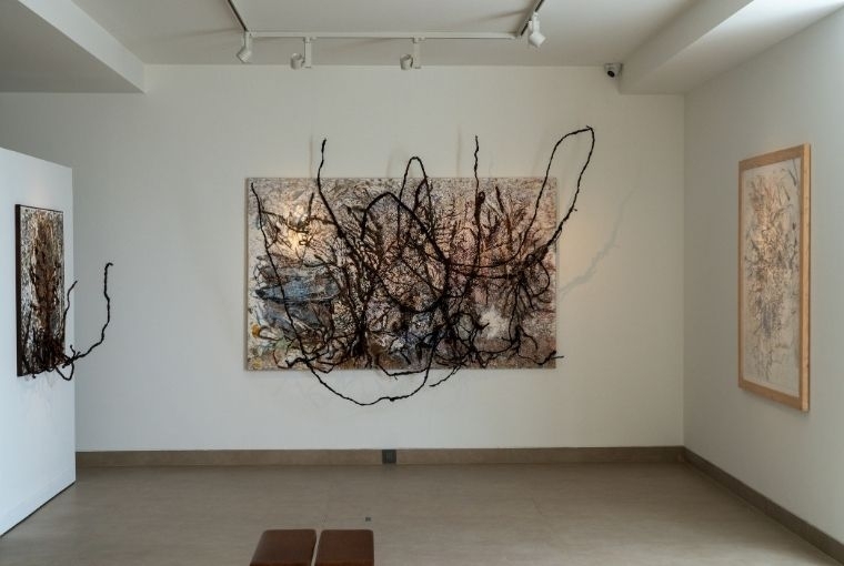 Becoming Jayashree Chakravarty, Living extensions, Oil, acrylic, organic material, glue and wire on canvas, 54 x 82 x 20 in, 2026