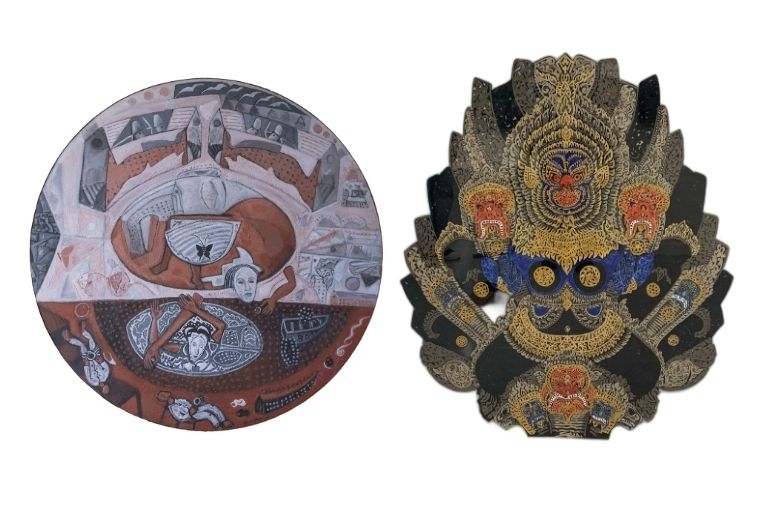 Becoming L: C. Douglas, Dream, Mixed media on board, 47.5 x 47.5 in, 2022 R: Leang Seckon, Unity, Acrylic on leather, 44.5 x 38.5 in, 2026
