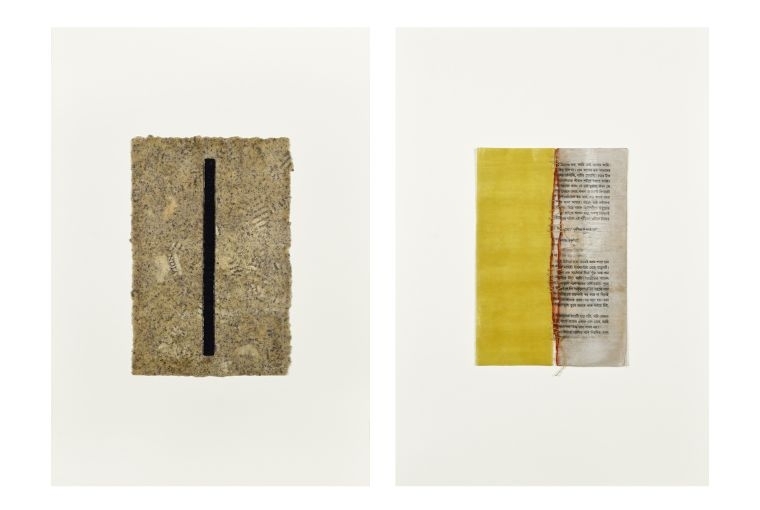 Blueprint12 at Art Mumbai 2025  L: Mansha Chhatwal The Hindus, 2025 Pulped book pages, beeswax, damar resin, thread 18 x 12 in 45.7 x 30.5 cm R: Mansha Chhatwal Dwikhandita II, 2025 Book pages, beeswax, damar resin, pigment, thread 