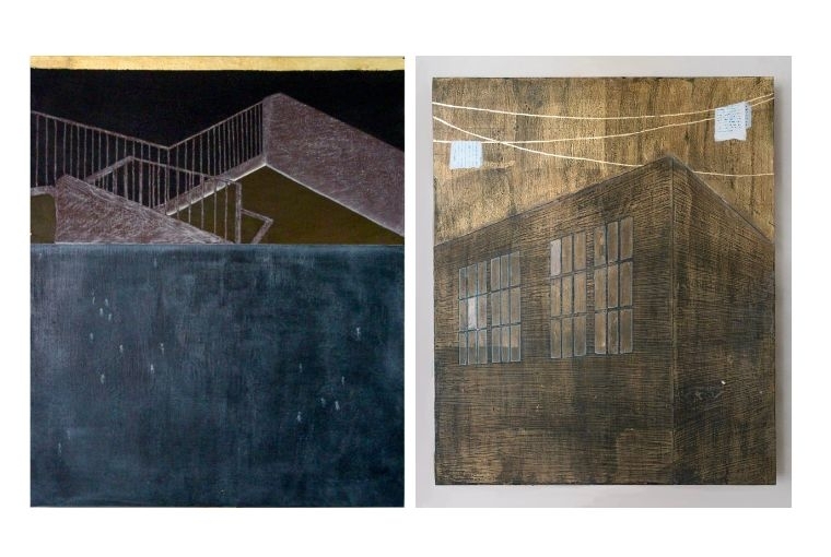 Blueprint12 at Art Mumbai 2025  L: Meghana Gavireddygari Between Inhabitants, 2025 Pigment, ink, charcoal and gold leaf on wood 24 x 20 in 61 x 50.8 cm R: Meghana Gavireddygari Memory settles at dust, 2025 Gold leaf, pigment, and oi