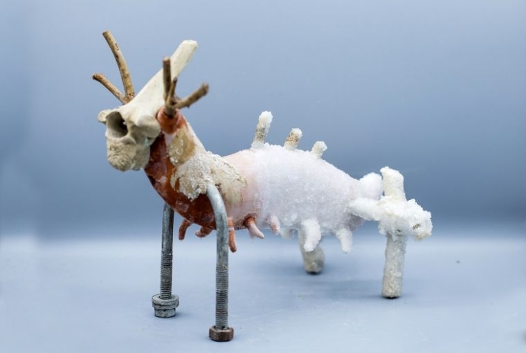 Blueprint12 at Art Mumbai 2025  Mojahid Musa Assimilated Musing, 2022-23 Recycled materials, clay, machinery parts, wood, metal, hair, jute, ornaments, found objects from nature, adhesive 9 7/8 x 7 1/8 x 5 1/8 in 25 x 18 x 13 cm