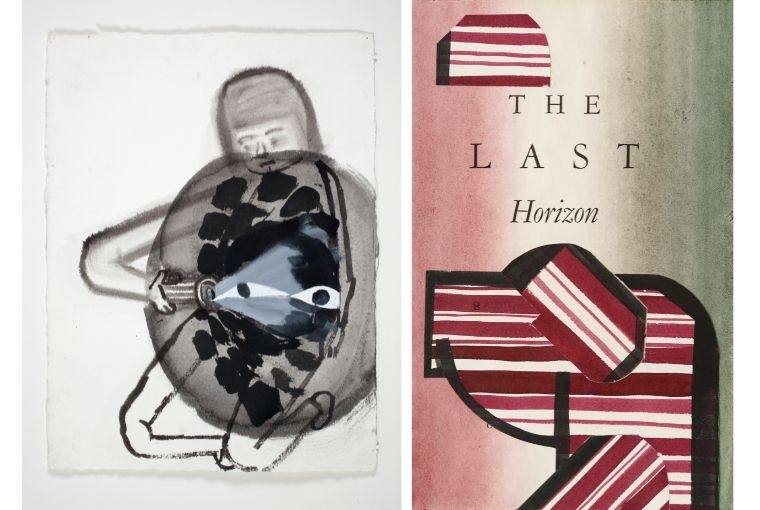 Brick by Brac L: Amy Sillman, Untitled, 12 of 89 'Lightbulb Drawings', 2010 Ink, charcoal, and gouache on paper 15 x 11.5 inches R: Tom Burckhardt, The Last Horizon, 2024 ink and collage on bookpage 9 x 5.75 inches