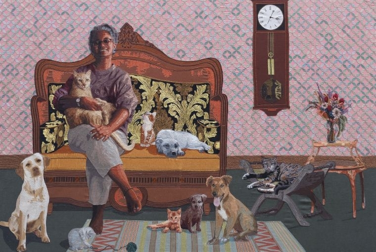 Garden of Memory Alamu Kumaresan, Belonging, Yarn, thread, zari, fabric base on plywood, 75” x 51”, 2025.