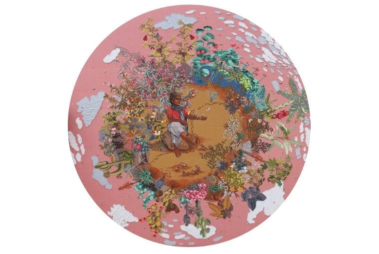 Garden of Memory Alamu Kumaresan Where I Belong , Yarn, thread, fabric base on plywood, 71” dia, 2025.