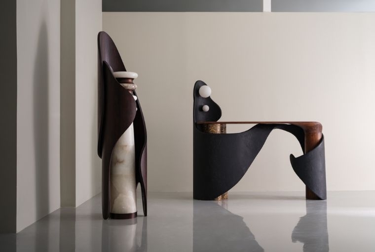 House of Santal Akshay & Avani Khurana for Beyond Dreams Vaayu 6 in L x 18 in W x 54 in H Teak Wood, Wood Chips in Resin, Bent Composite Wood in concrete finish. Golden Loom & Charcoal Drift finish.