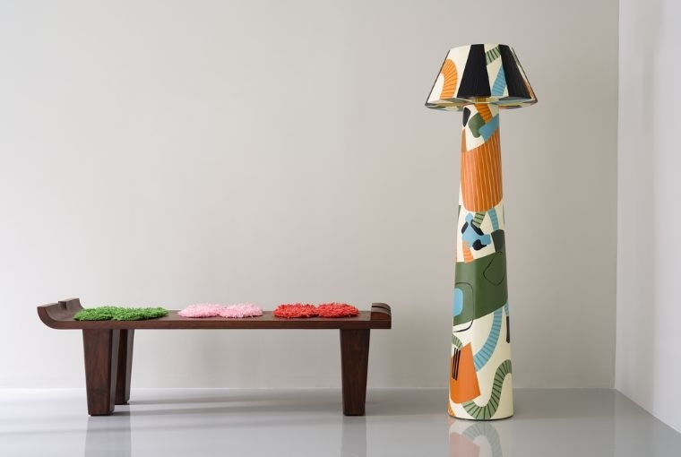 House of Santal Nynika Jhaveri in collaboration with Anikesa Dhing for Studio Nyn Fuzzy Bottoms 66 L x 21 D x 21 in H Solid Teak Wood, Hand-Crocheted Acrylic Wool