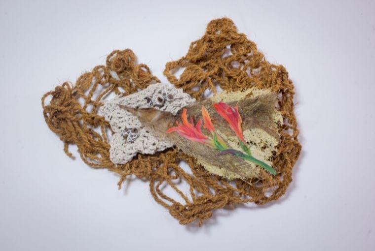 In-Rhythm & Inheritors of Earth  Jayita Barai Assemblage II, 2026, cotton rope, Canna Indica seedpod, coir rope, dried bark, gouache on cloth, corn husk paper, 50x40x9 cm. Courtesy of the artist and Quiet Art Movement.