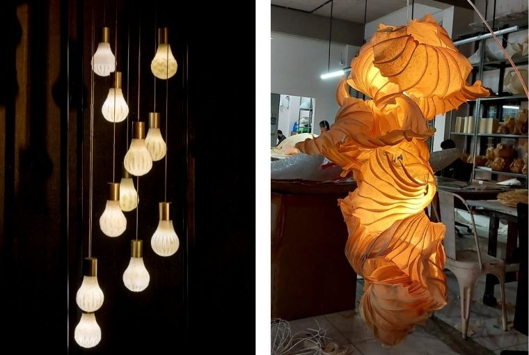 In the absence of darkness Rooshad Shroff: fine lights are labouriously crafted from marble (left) | Jenny Pinto uses banana fiber to create warm glowing lights in organic forms (right)