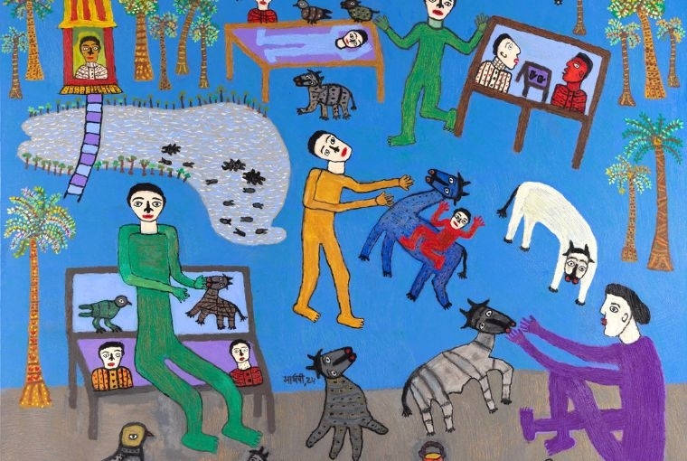 Madhvi Parekh  POND IN MY VILLAGE, Acrylic on canvas, 2024, 48.0 × 60.0 in. / 121.9 × 152.4 cm.