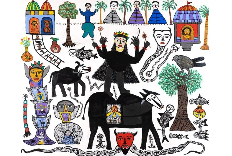 Madhvi Parekh  GODDESS OF MY VILLAGE, Acrylic on canvas, 2023, 60.0 × 72.0 in. / 152.4 × 182.9 cm.