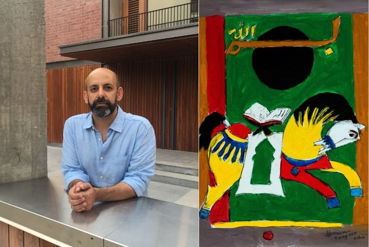 Martand Khosla  L: Martand Khosla, Photo by Dolly Singh, R: Artist: Maqbool Fida Husain, Year: 2007, Title: Zuljanah Horse, Courtesy of Qatar Foundation