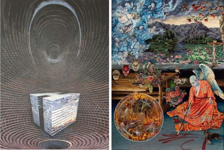 Mirror/Maze: Echoes of Song, Space and Spectre Pneuma by Arun Dev [left] | Allegory of Melancholy (After Lucas Cranach the Elder) by Raqib Shaw [right] 