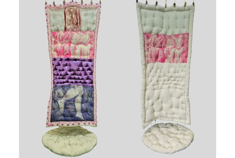 MOOL  Sheelasha Rajbhandari, In Between Rest and Resistance Silk screen photographs on textile, glass bead and sequence embroidery. Variable 2026 