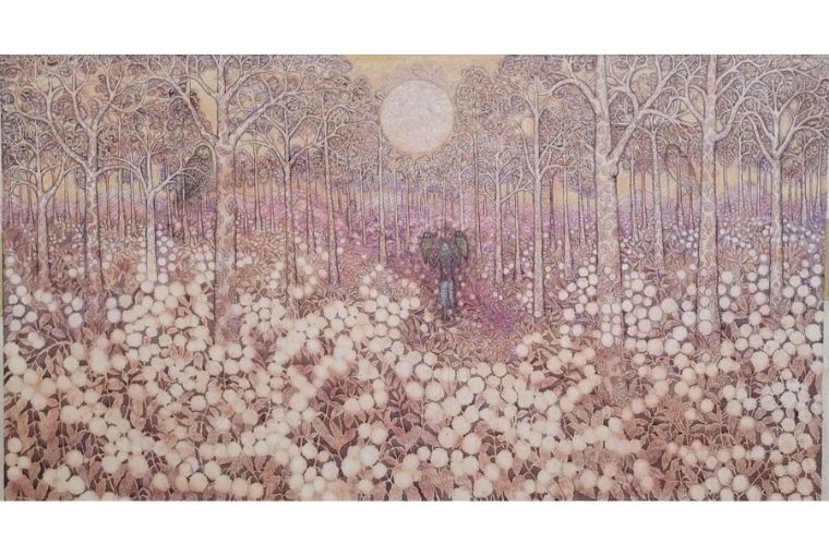 Nakul Dev Chawla KP Pradeepkumar_Art Centrix Space, Moonwalk, mixed media on 300 gsm Fabriano Artistico paper, 47x84 inches 120×214cm, 2025