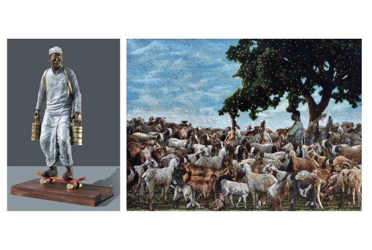 Nature of Nostalgic Delights L: Avinash Bishnurkar Untitled  Brass and wood 9.2 x 12.6 x 21 inches R: Chalapaka Chakravarthy At First Light Wood engraving  48 x 66 inches