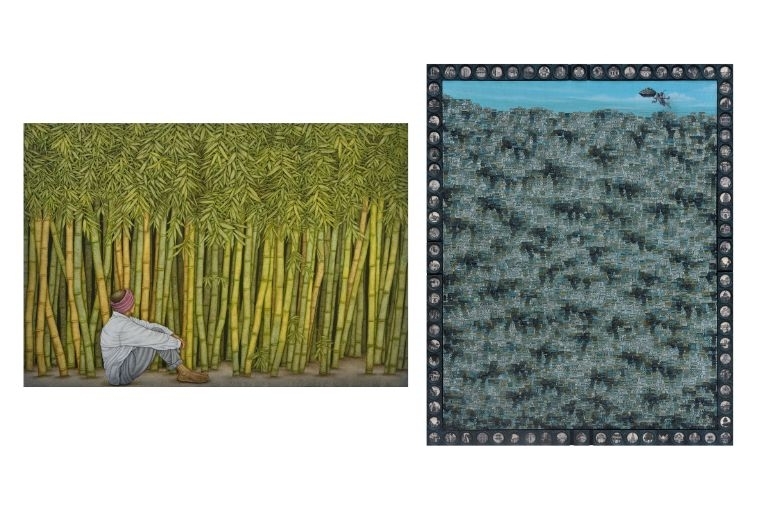 Nature of Nostalgic Delights L: Gulab Kapadiya Untitled Watercolour on rice paper on canvas 66 x 96 inches R: Sanjay Barot Passage Through the Veil Acrylic on canvas and teak wood 92 x 74 inches