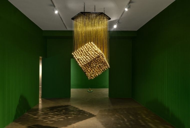 Of Land, River, and Body Than Para (No Land Without Us) 838 temple bell (brass), golden silk threads and metal frame 48 x 48 x 78 in  2025