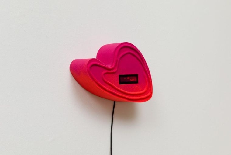 Overland, There's Shorter Time to Dream Kavitha Balasingham. 'hello???', 2023. MDF, plasticine, resin, nylon flock, LCD screen, Arduino nano, cables, plug. 20 x 20 x 6 cm.