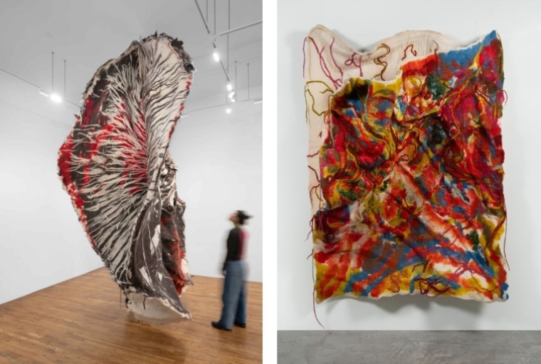 Polyphony Source (2023) Hand-dyed wool, wire (left) | Mother of Pearl, 2024 Hand-dyed wool, wire (right) Polyphony Source (2023) Hand-dyed wool, wire (left) | Mother of Pearl, 2024 Hand-dyed wool, wire (right)