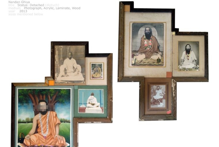 Taqiya Qalaam  Nandan Ghiya, Status: Detached (2013), photograph, acrylic, laminate, wood, 32 x 27 & 32. 25 inches. Courtesy the artist, and Exhibit 320