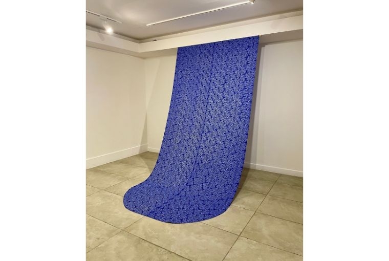 Taqiya Qalaam  Sajan Mani, Outstretched Hands (2024), block prints on cotton based on the artist’s drawings, 394 x 67 inches. Courtesy the artist, and Shrine Empire