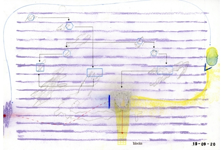 Relational Drawings 19-09-2020 (blocks and lines), 2020 Color pencil, ink, stamps, and soft pastel on paper 7 x 10 in 17.8 x 25.4 cm Courtesy The Artist & Experimenter, Kolkata.