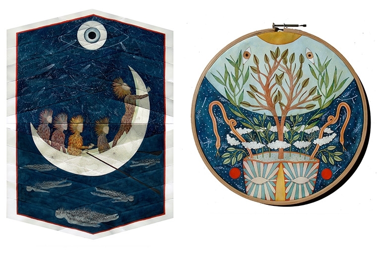 Rithika Merchant R : Descend into Nidra, 2017, 32x32 cms, Embroidery hoop with gouache and ink on paper. Rithika Merchant R : Descend into Nidra, 2017, 32x32 cms, Embroidery hoop with gouache and ink on paper.