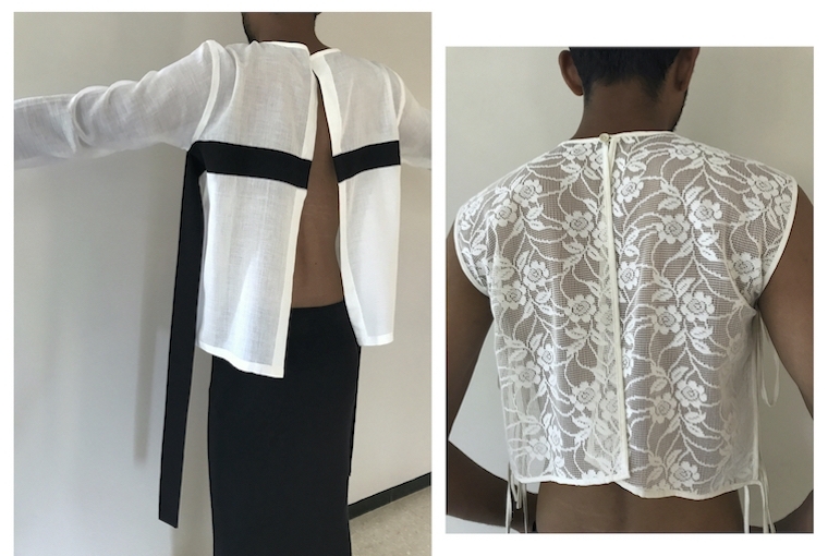 Rujuta Rao R: Lace Top with Ties and Shell Button, 2020. Surplus curtain lace (synthetic) and surplus hand spun, handwoven organic cotton fabric and a shell button.