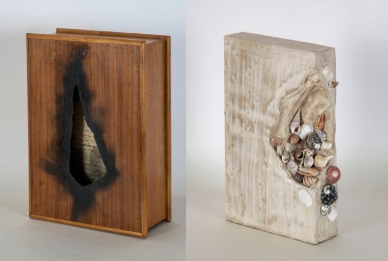 Saba Hasan  L: Burnt Manuscript, 2011. Box, manuscript, Collection: Saba Hasan studio. R: Book of Ocean (series), 2022-23. Shells, clay on book, Collection: Saba Hasan studio