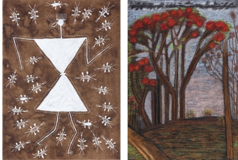 Sheher, Prakriti, Devi Ladhki Devi, Dasha Devi (2020-21). Poster paint on mud-coated cloth, 45.2 x 33.5 cm (left) | Vinnie Gill, Lotus Pond in Ranthambore (2020). Pastels and watercolour on rough paper, 33 x 39.8 cm (framed