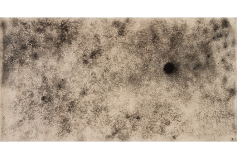 Somethings are Always Burning Title: Night Sky with Feathers and a Moon Year of execution: 2020 Medium: Charcoal on Parchment paper Size: 36 x 70 in 91.5 x 177.8 cm