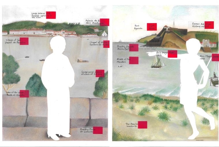 Sour Stars and Breadfruit Monsoons Sahil Naik Looking for Clues in History Paintings, 2021 Gouache and Post-Its on paper 9 3/4 x 7 7/8 in each 24.9 x 20.1 cm each