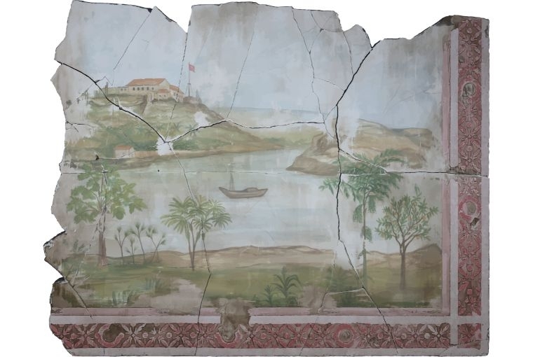 Sour Stars and Breadfruit Monsoons Sahil Naik Distant Whispers and Lucid Dreams: Papaya, Areca and Fishtail Palm, 2026 Cement, wood, lime plaster and emulsion 45 x 58 in 114.3 x 147.3 cm