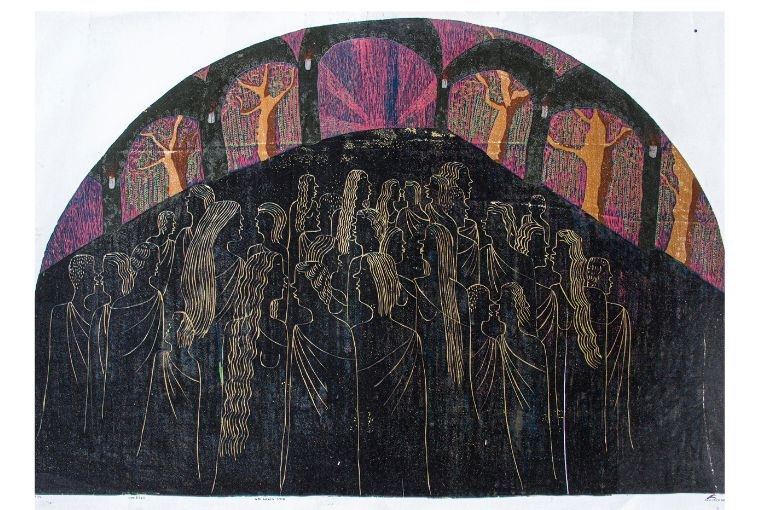 Sukraat Title - Who Loves Who. Size - 40.5 x 27 inches Medium - WoodCut 12 Layers Reduction Print Date - November 2021.