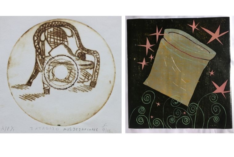 Sukraat L: Title - Sketch. Size - 12 cm diameter. Medium - Intaglio On Cd. Date - 9|16. R: Title - Pyar Tho Khatam! Size - 19 width 20.5 height inches. Medium - Correx. Date 8|18.