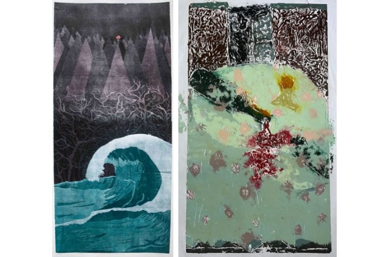 Sukraat L: Title - Once Upon A Time, There Was Love 16 Layers Reduction Print Size - 15 x 34 inches Medium - Woodcut Date - September 2024 Edition - 2 R: Title - And He left, Again. Size 20 Width 36 Height In