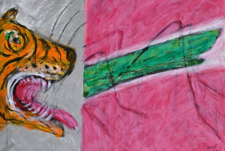 Tao Art Gallery  Amit Ambalal, Tiger and The Grasshopper, 2025, Acrylic on canvas, 36 x 48 inches