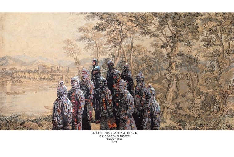 The Art of Inheritance: Hunar   Masuma Halai Khwaja, Reconfiguring The Landscape, textile collage on tapestry, 36 x 68 in