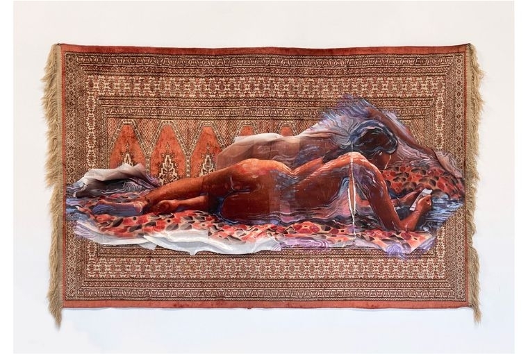 The Art of Inheritance: Hunar   Zahra Mansoor, I have a question...are you actually a princess?	 Oil paint, sublimation print, velvet, and polyester on Indo-persian silk carpet 59.06 X 39.37 in