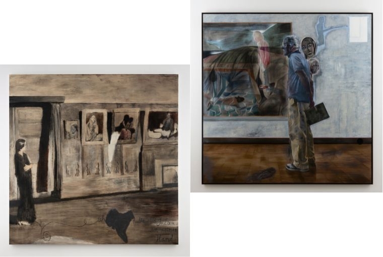 The Gatecrasher  L: Faletti’s Hotel, Lahore (Amrita 1937)’ Oil on canvas 78 x 78 in 2025 R: Portrait of an Artist Oil on canvas 78 x 78 in 2025