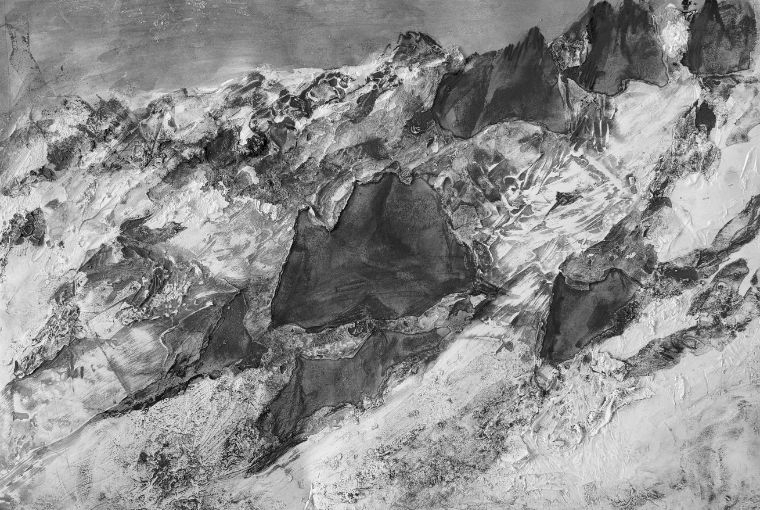 The Gestures in Saara Nahar’s Greyscale ‘Dirty Snow’, Graphite and emulsion paint on paper, 2024.
