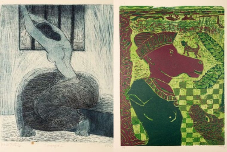 The Grammar of the Self  L: Encaged I Artist proof 2_6, Etching & Aquatint, 12.5 x 10 in, 1981. R: The Forlorn Queen (4_9 Diptych), Woodcut, 25 x 19 in, 1992.