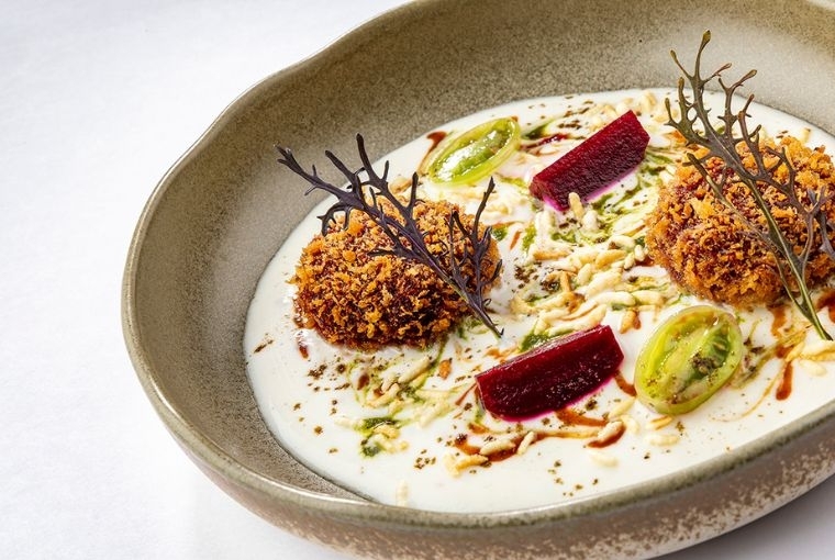 The Next Expression  Beetroot Goat Cheese Dahi Vada, Fresh Green Tomatoes, Nutmeg Miso Rice.